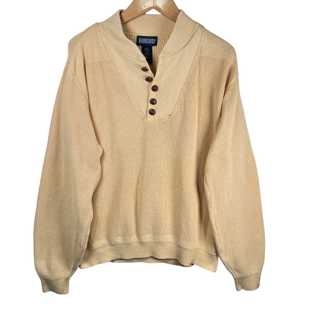 Lands End Mens Sweater Yellow Shawl Collar Cotton Med Ribbed Knit USA Made 90s